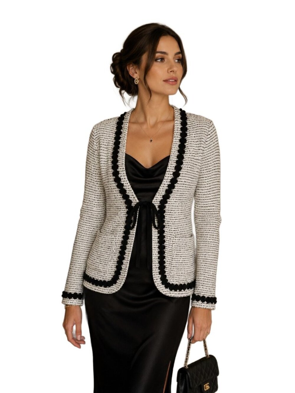 ESCADA Timeless Ivory Black Bouclé Knit Cardigan Black Ribbon Tie EU 40 US Sz 10